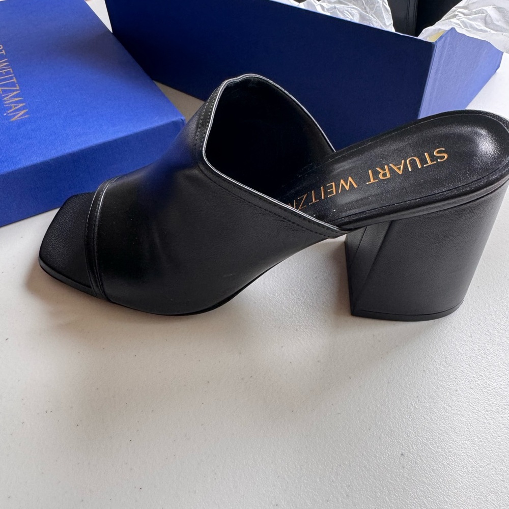 Stuart Weitzman Black Leather Mules with Block Heel